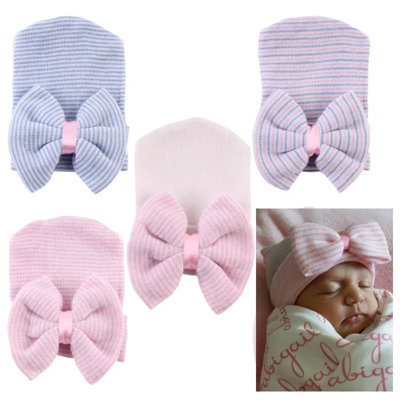 

Шапка для новорожденных из чистого хлопка, головной убор в полоску с большим бантом для мальчиков и девочек, аксессуары для новорожденных 0-6...