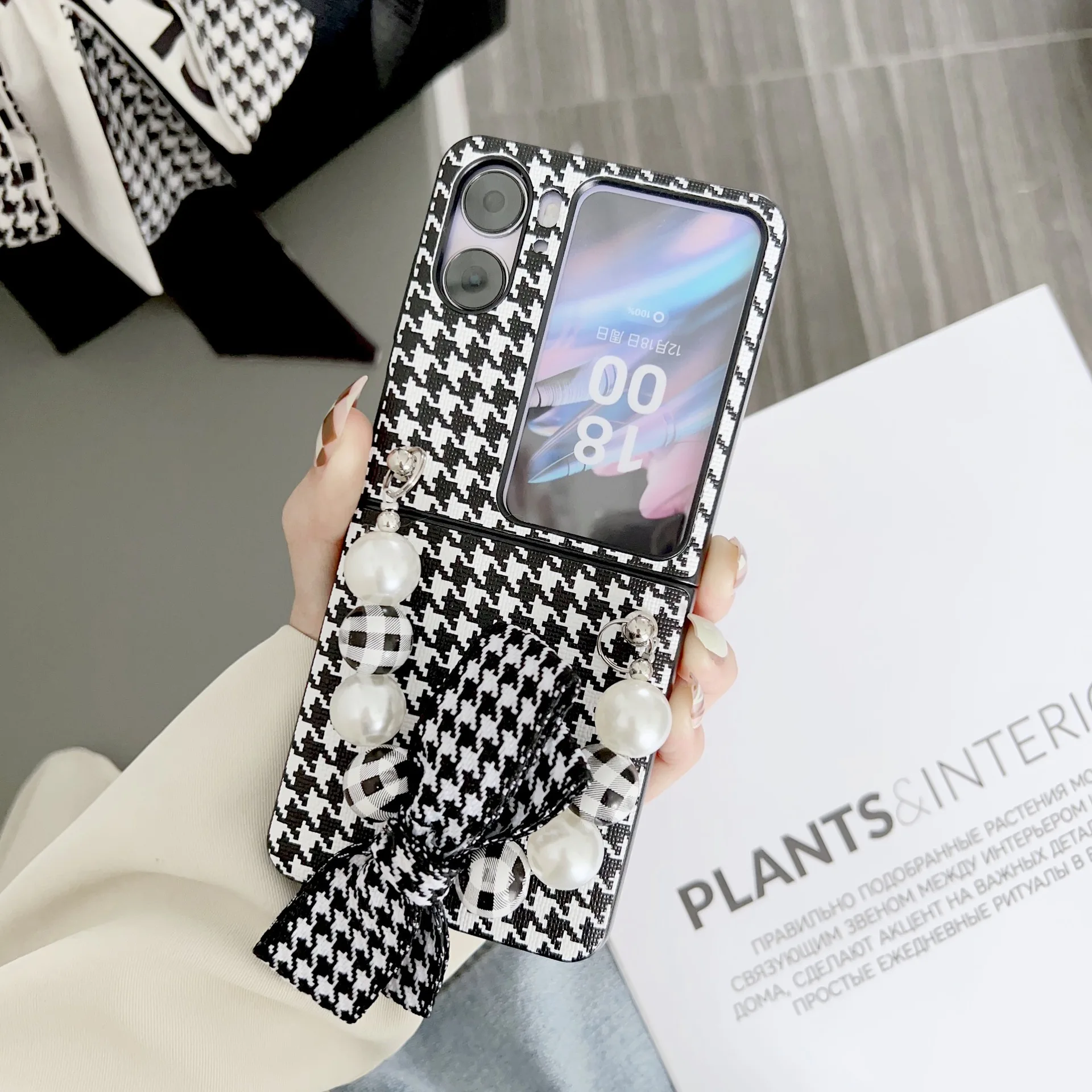 Роскошный клетчатый чехол для телефона с цветком камелии для OPPO Find N2 флип-чехол 5G CPH243 FindN2Flip с асимметричным жемчужным браслетом ударопрочный чехол