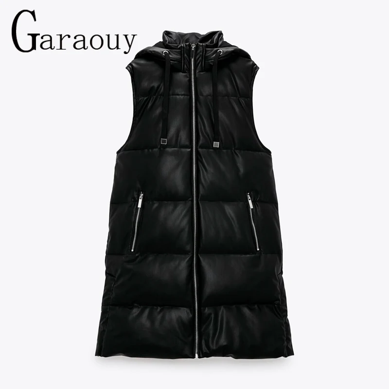 

Коллекция 2021 года, осенние черные Жилеты с капюшоном Garaouy, женская модная куртка из искусственной кожи на молнии, пальто, женский элегантный ...