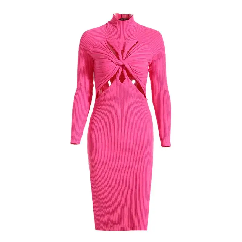 

Club Spice Girl Sexy Hollow Out Twist Knitted Dress Autumn Women Clothes 2022 Half High Neck Pink Slim Long Sleeve Dresses