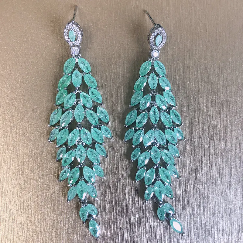 

Билиантовые модные длинные серьги с зелеными листьями для женщин