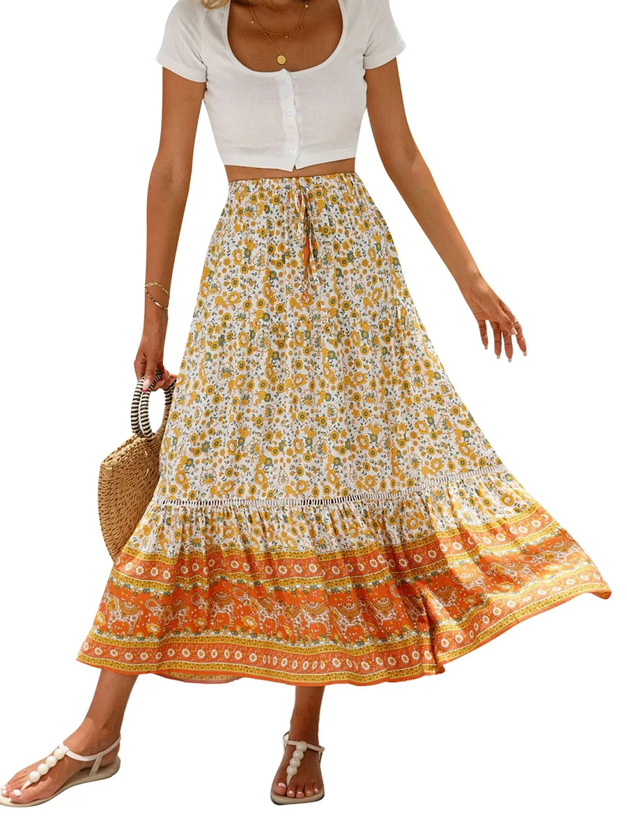 

Women Summer Bohemian Long Skirt Ruffled Hem Geometric Print Elastic High Waist A-Line Swing Skirt Beaches Club Streetwear