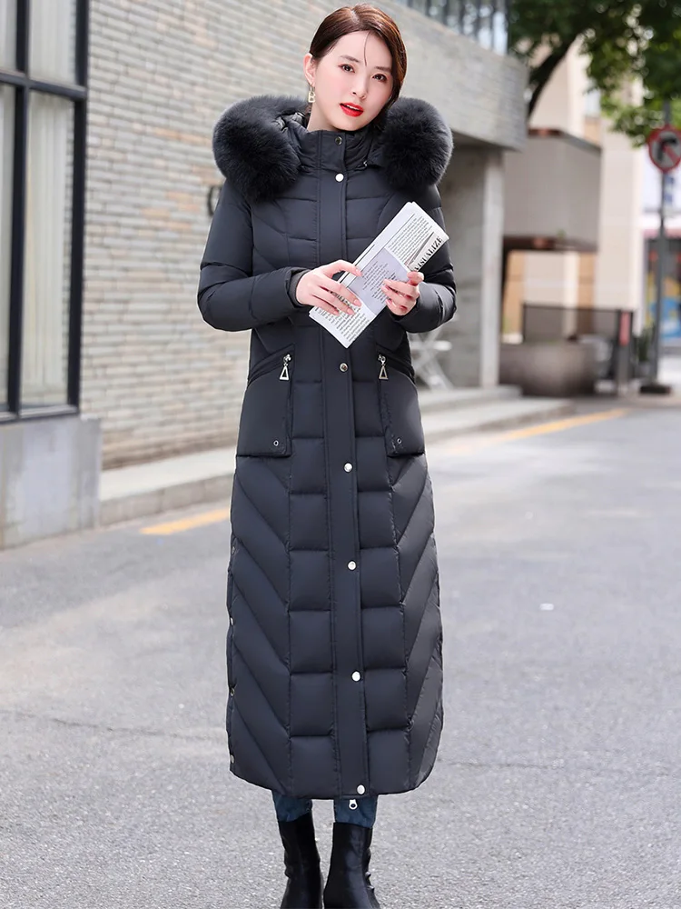 New Women Down Coat Winter Fashion Detachable Hooded Real Fox Fur Collar Thicken Warm Lengthened Down Jacket Slim Overcoat