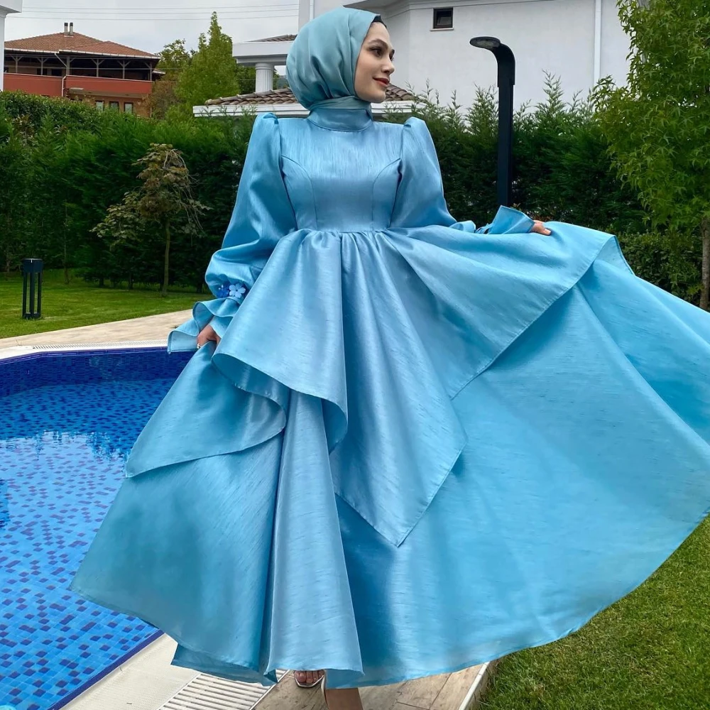 

Carolina High Neck Tiered Evening Dresses Women Sky Blue Saudi Arabia Puffy Sleeves Wedding Guest Elegant Formal Party Gowns