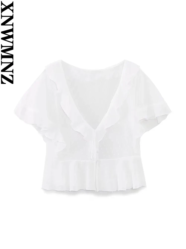

XNWMNZ 2023 Women's Fashion Ruffled Mesh Blouse Woman V-neck Short Sleeve Casual Versatile Female Chic Top