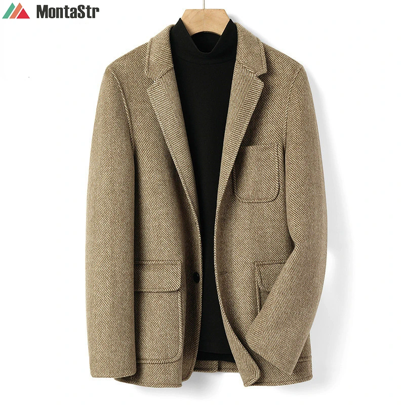 

2022 Luxury 100% Australian Wool Small Suit Jacket Herringbone Woolen Suit Men Army Green Blue Overcoat