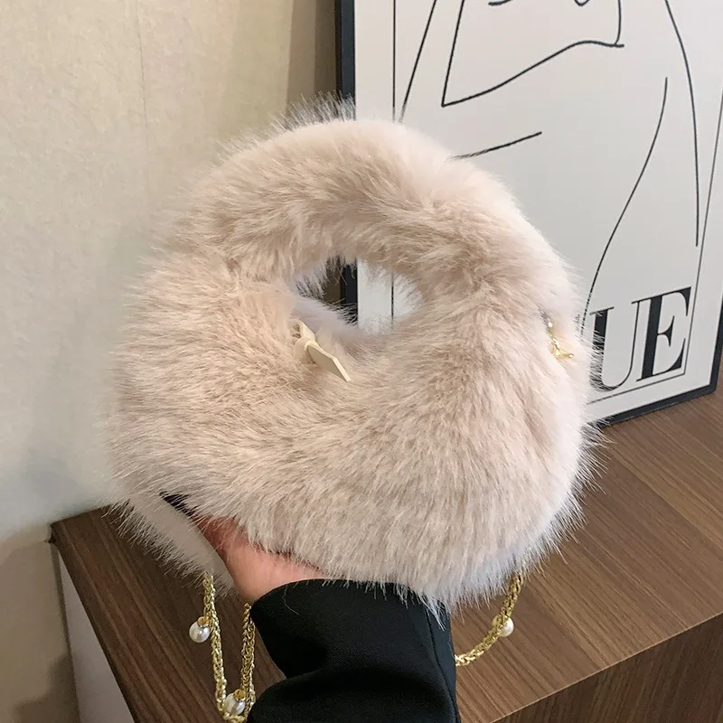 

Korean Plush Shoulder Crossbody Women's Bag 2023 Winter Chain Ladies Pearl tote Bags Fashion Soft Fluffy Small Female Handbags