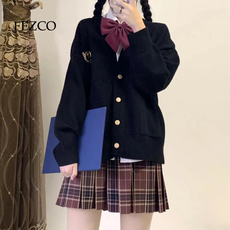 

FEZCO Autumn Winter Girls Jk Style Cardigan with Pocket Preppy Style Solid V-neck Knitted Women Clothings Kawaii Japanese Korean