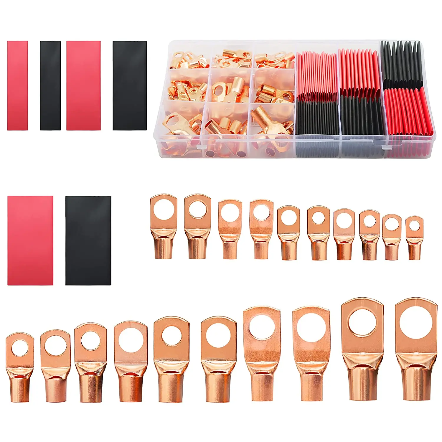 

150 Pcs Copper Wire Terminal Connectors AWG 2 4 6 8 10 12 Ring Lug Kit with 70 Pcs Heat Shrink 80Pcs Battery Cable Lugs