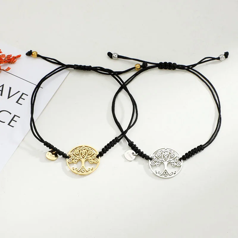 

European And American Jewelry Creative Personality New Woven Rope Adjustable Bracelet Stainless Steel Life Tree Hand String