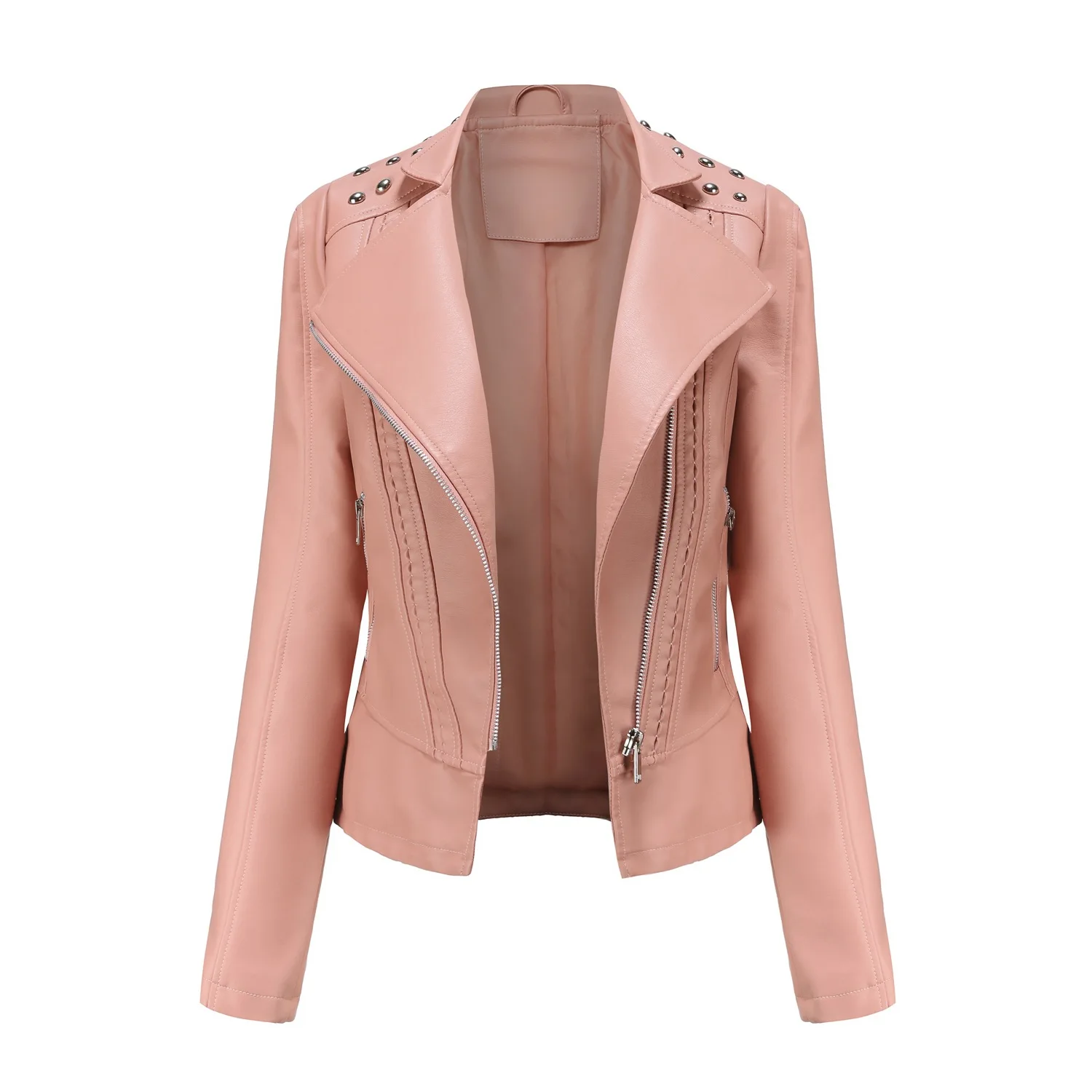 Beaded Leather Jacket Female Long-sleeved Short Fashion Jacket Lapel Biker Clothes Female Jacket