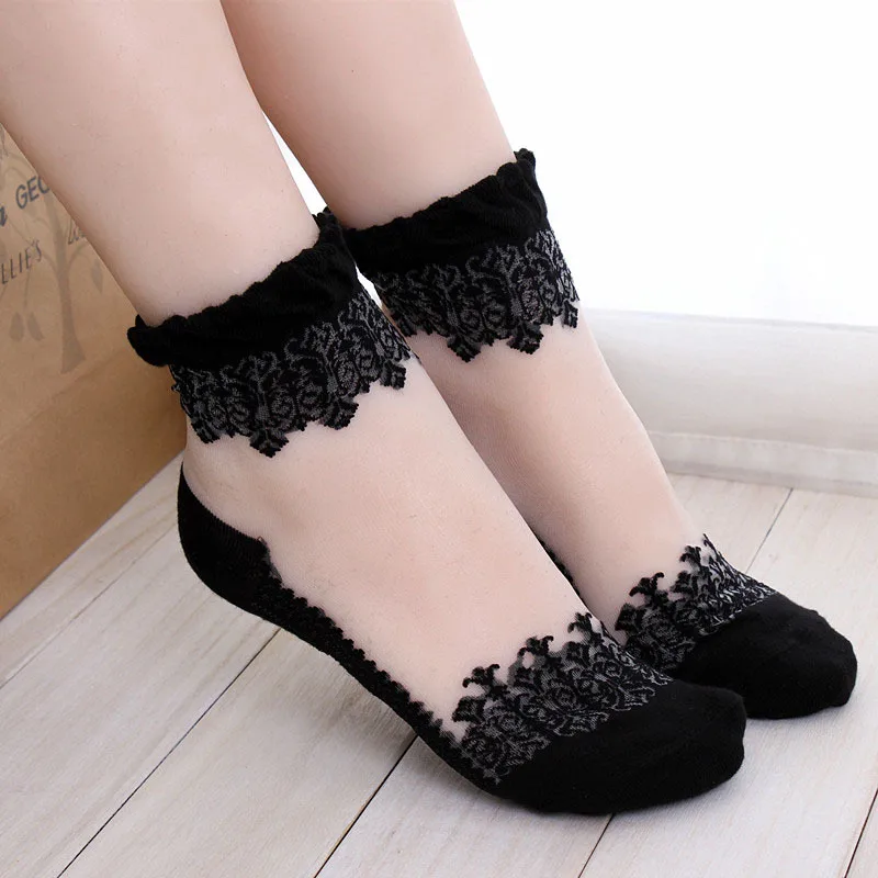 

New 1Pair Women Lace Ruffle Ankle Sock Soft Comfy Sheer Silk Cotton Elastic Mesh Knit Frill Trim Transparent Ankle Socks