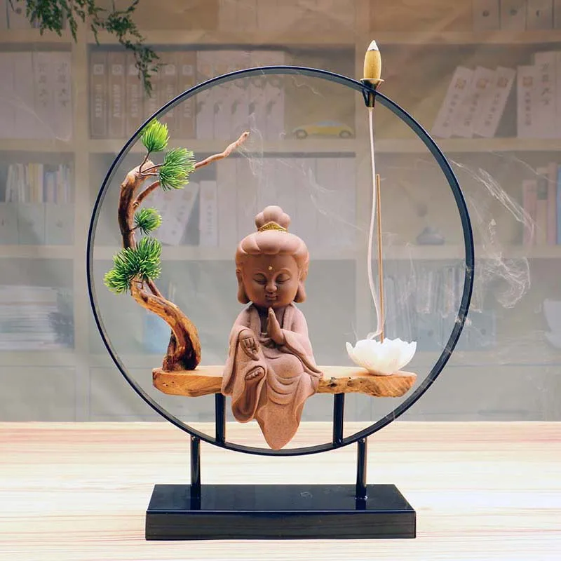 

Wood Buddha Incense Burner Figure Lotus Zen Smoke Waterfall Ramadan Incensory Sandalwood Sandalwood Incensario Home Decoration