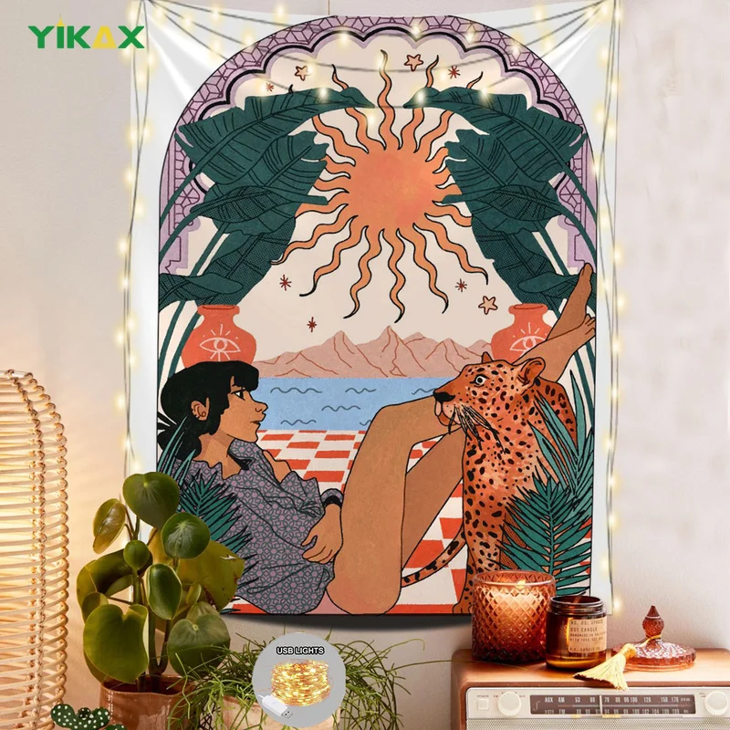 

Boho Girl and Leopard Tapestry with Lights Bohemia Hippie Cartoon Style Tapestries Wall Hanging Home Art Abstract Bedroom Decor
