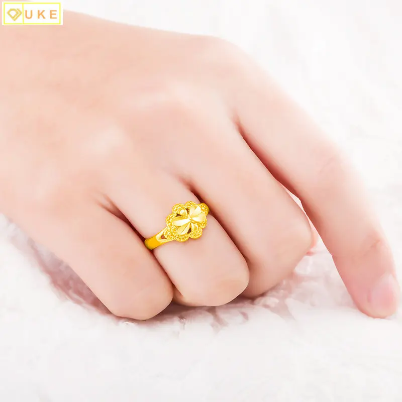 

Pure Copy Real 18k Yellow Gold 999 24k Female Ring Adjustable Long Lasting Classic Flower Love Jewelry Never Fade