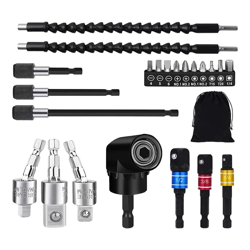 

Drill Bit Extension Set,105° Right Angle Drill,1/4 3/8 1/2 Inch Hex Rotatable Socket, Bendable Drill Bit Extension
