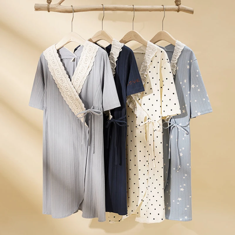 

Summer Women's Bathrobe Print Belted Cotton Robe Open Side Long Night Dress Nightie Dressing Gown Homewear Nightwear Sleepwear