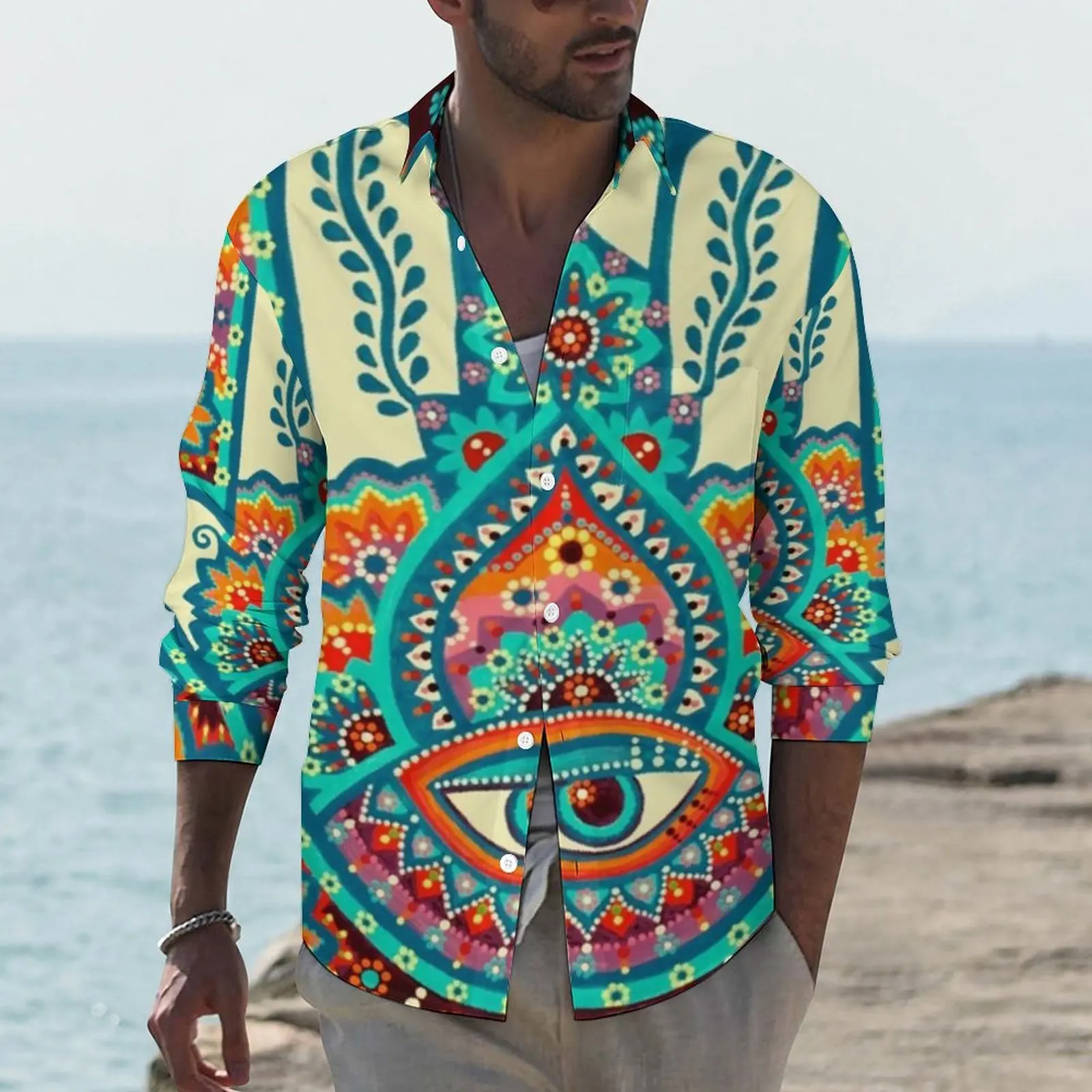 

Hamsa Hand Shirt Man Retro Floral Print Casual Shirts Spring Y2K Custom Blouses Long Sleeve Trendy Oversized Clothing Gift
