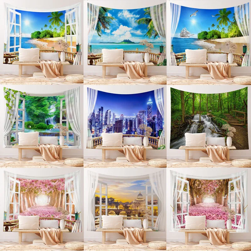 

Imitation Window Landscape Tapestry Wall Hanging Tropical Tree Sakura Tapestries Art Home Decoration Sea Sides Home Dorm