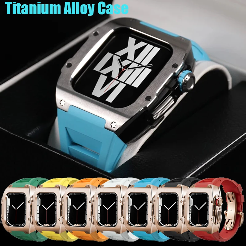 

Titanium Alloy Case For Apple Watch Series 8 45mm Metal Case Rubber Strap Luxury Modification Mod Kit For iWatch 6 SE 5 4 44mm