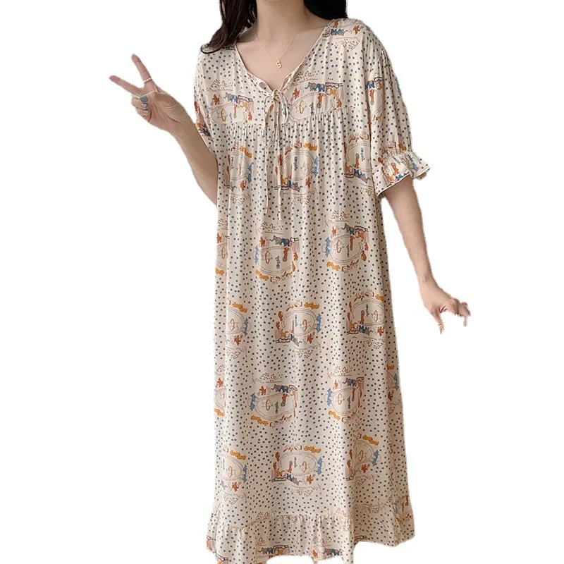 Summer Plus Size Long Nightgown Night Gown Women Lingerie Cotton Silk Sexy Sleepwear