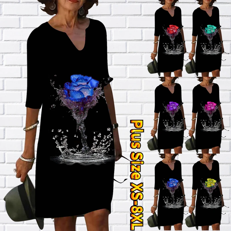 

Повседневное платье 2023, модное весенне-летнее платье до колен с цветочным 3D принтом и рукавом до локтя, разноцветная Женская юбка с рукавом до локтя