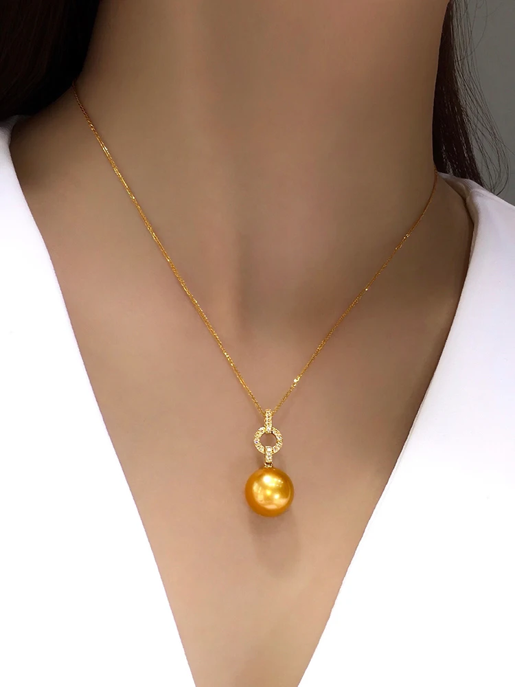

Nanyang Philippine Gold Bead Pendant 12-13mm Natural Seawater Bead 18K Gold Inlaid Diamond Trendy Style