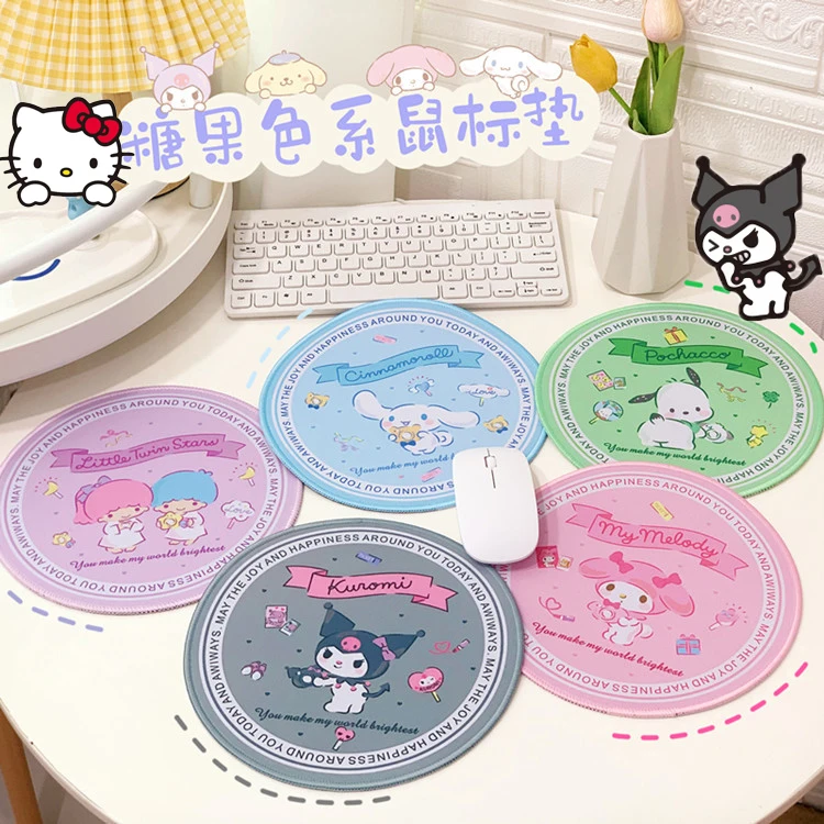 Sanrios Kuromi Cinnamoroll Mymelody Anime Cartoon kawaii  Round Mouse Pad Non-Slip Rubber Desk Mat Keyboard Accessories Gifts