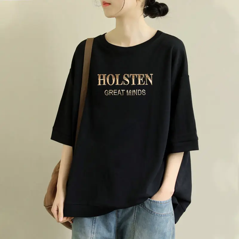 

Pure Cotton Short-sleeved T-shirt Women's Summer Loose Retro Round Neck New Literary Casual Large Size Top