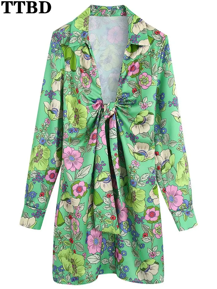 

TTBD traf sexy dressWomen fashion tied floral print mini dress vintage long sleeve front buttons female dresses vestidos