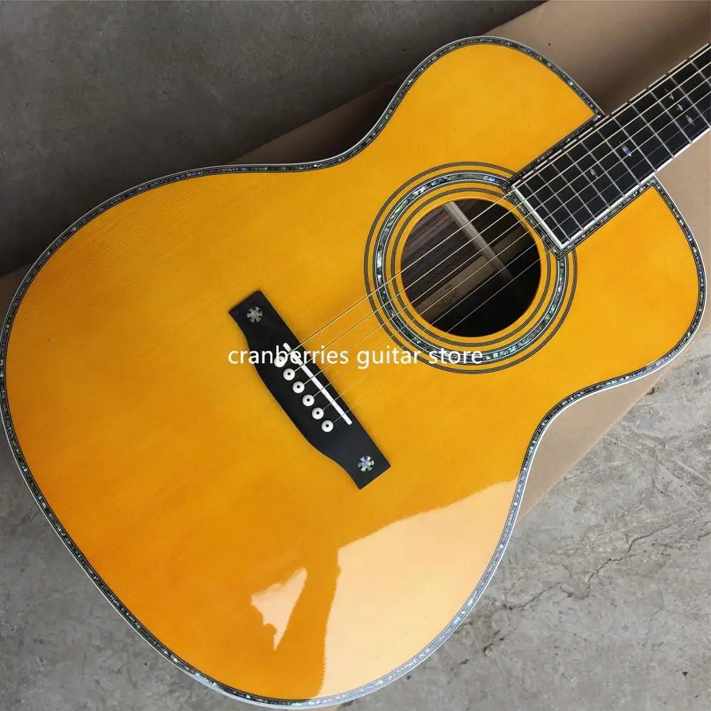 

Новинка 2023, акустическая гитара в виде топа из ели 45, классические желтые акустические гитары в стиле ОО 39 дюймов, инкрустация морскими ушками, бесплатная доставка