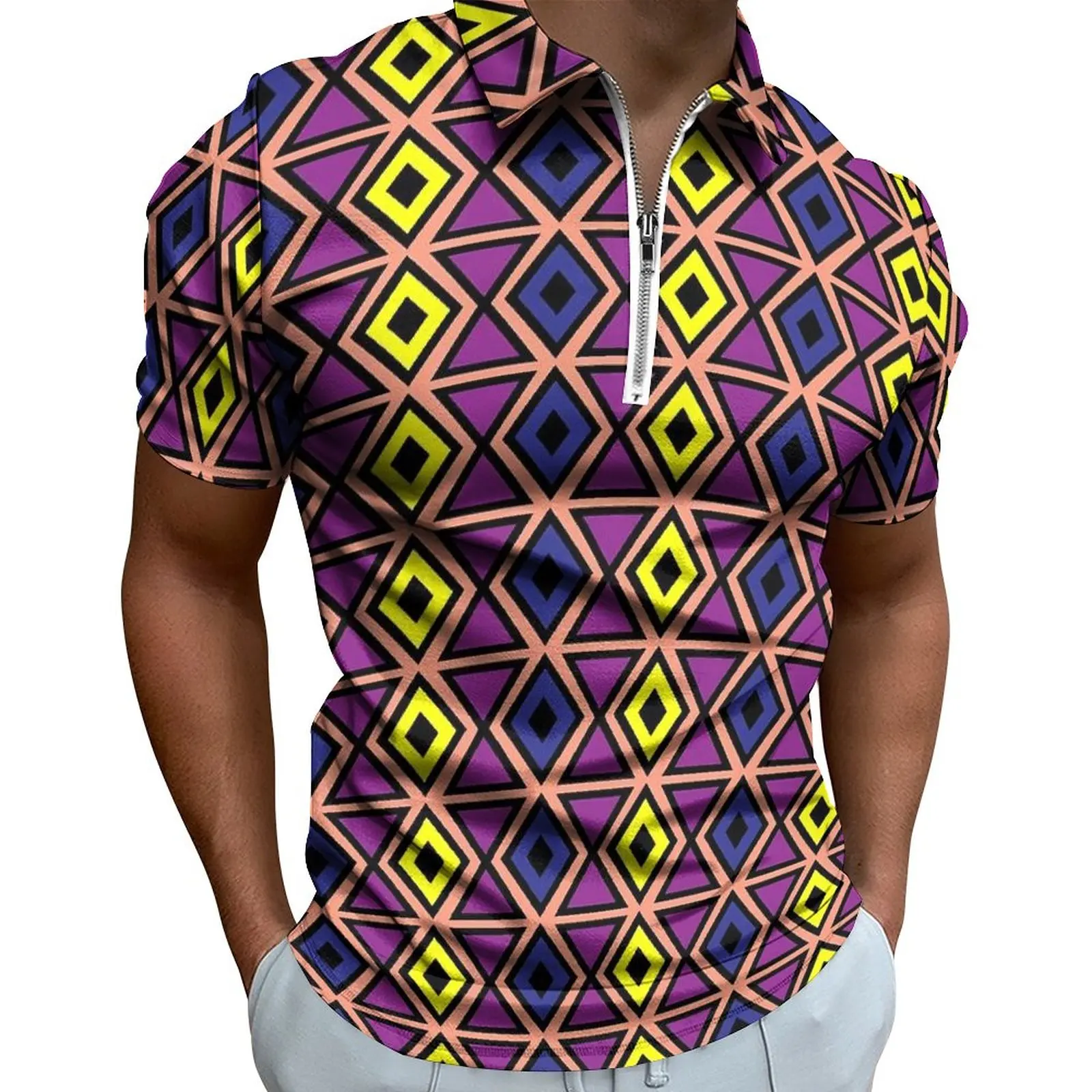 

Purple Geo Print Polo Shirt Male Retro Geometric Casual Shirt Beach Novelty Zipper T-Shirts Short-Sleeved Design Oversized Tops