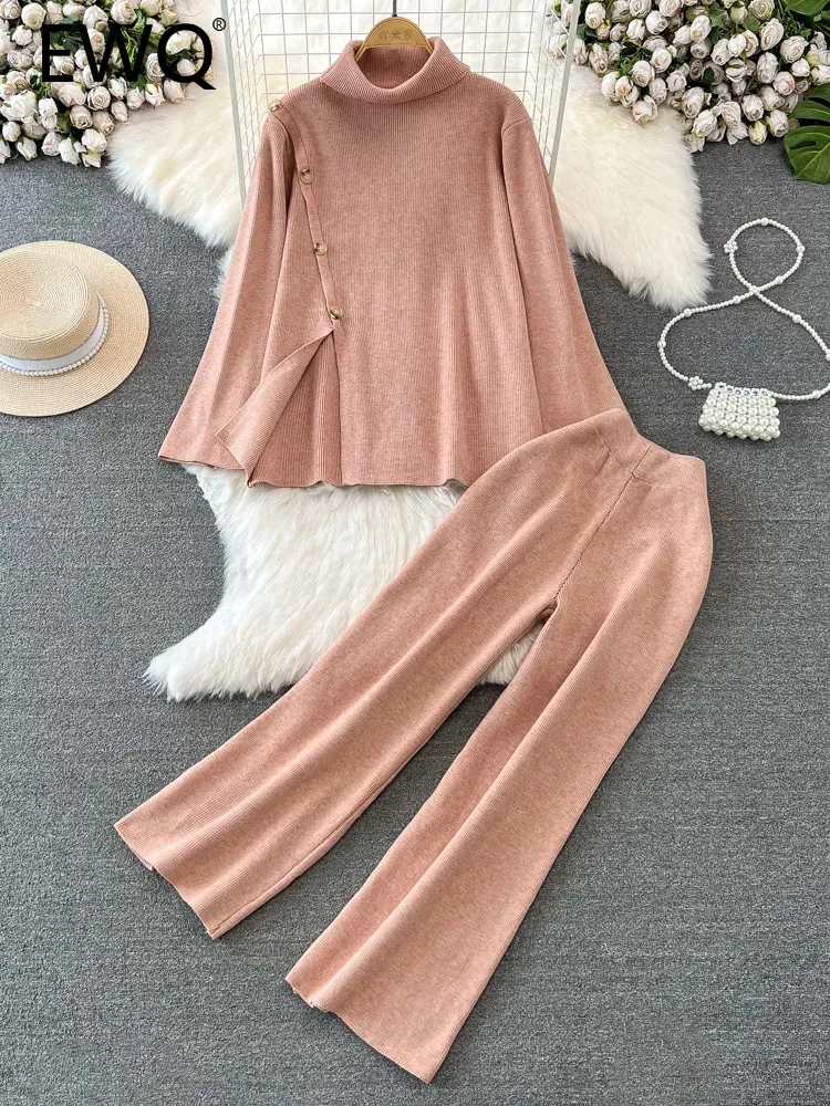 

EWQ Irregular Split Half High Collar Sweater + Knitted High Waist Solid Color Wide Leg Trousers Suit Winter Spring 2024 New 4666