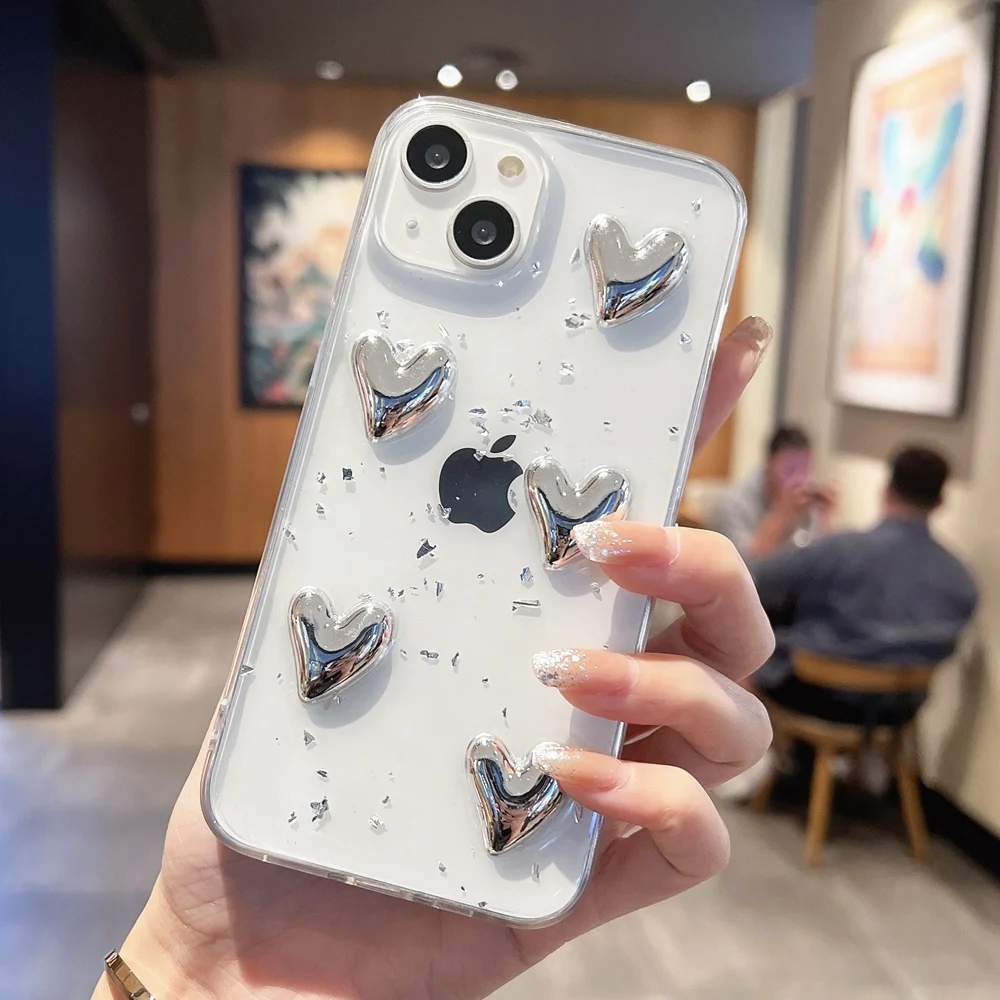 

Shining 3D Silver Foil Love Phone Case For iPhone 14 13 12 11 Pro X XS XR Max 7 8 Plus SE 2020 silicone all-inclusive cover