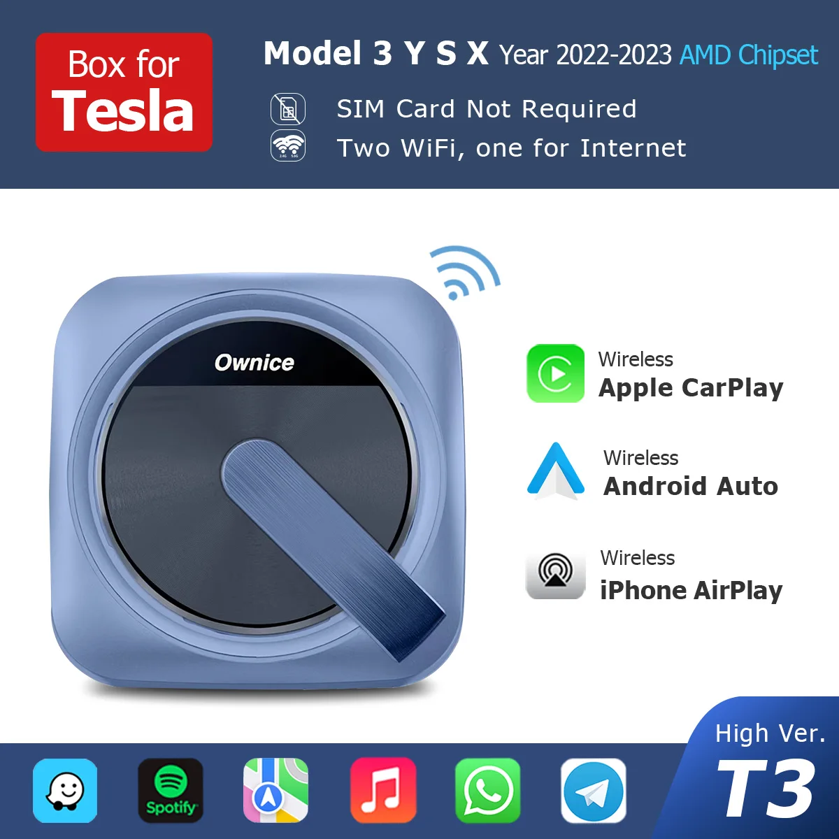 

Для Tesla Model 3 Y X S беспроводной адаптер CarPlay Dongle без SIM-карты Auto Ai Box Link Телефон для Spotify Waze Android Auto Carplay