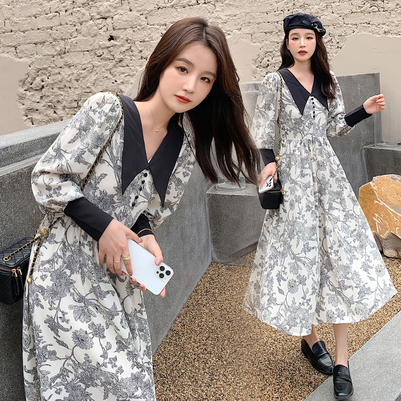 

Vintage Dress Women Sweet Hit Color Peter Pan Collar French Elegant Long Sleeve Casual Midi Dress Female 2021 New Autumn