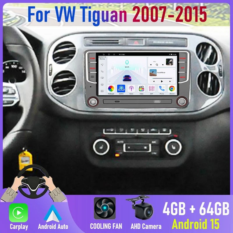 Фото 2DIN автомагнитола Android 15 с Canbus для VW Tiguan 2007-2015 с GPS-навигацией, беспроводным Apple CarPlay, Bluetooth, стереосистемой, камерой заднего вида и FM-тюнером №1