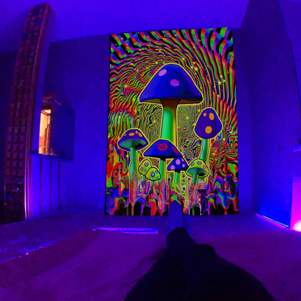 

Fluorescent tapestry Ultraviolet light under fluorescent tapestry psychedelic mushroom wall hung hippie decorative aesthetics