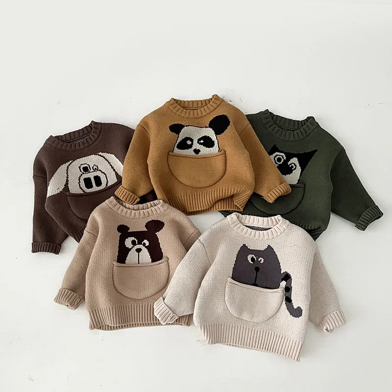 

0-3y Cute Cartoon Panda Sweater Girls Toddler Pullover Pockets Knitwear Clothing Winter Soft Infantil Newborn Baby Boys Tops