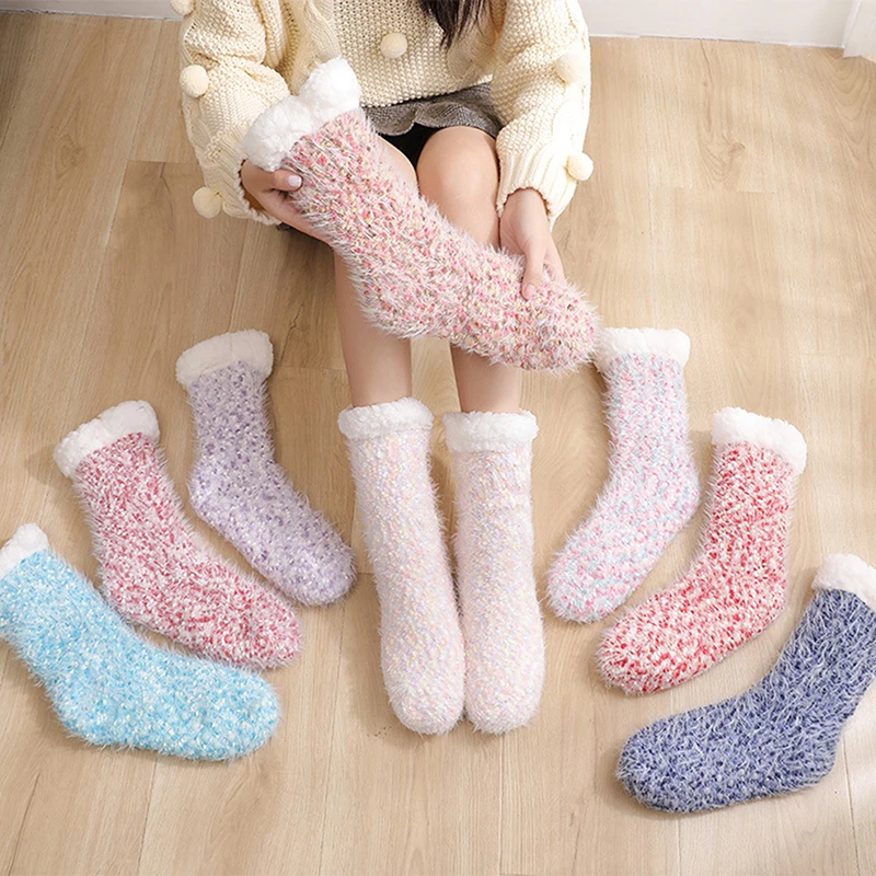 

Fleece Winter Mid Socks Warm Cold Resistance Plus Velvet Thick Socks Kawaii Candy Color Female Floor Sleep Socks