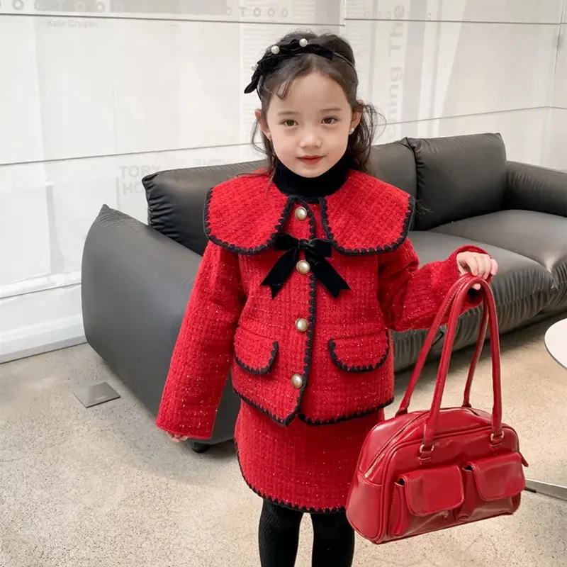 

Larua Kors новые корейские комплекты детской одежды для девочек зимние с длинным рукавом воротник Питер Пэн флисовые красные 2 шт.