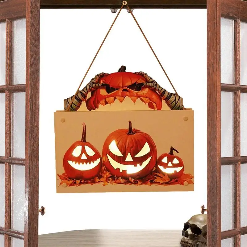 

Деревянный знак на Хэллоуин, деревянный знак в виде тыквы, светящийся подвесной знак для входной двери, Хэллоуин, деревянные дверные подвесные украшения для дома