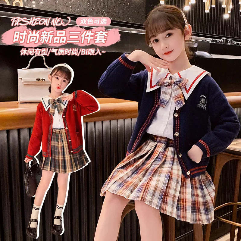 

College style uniform suit three-piece set spring 2022 skirt jk sweater cardigan red plaid
