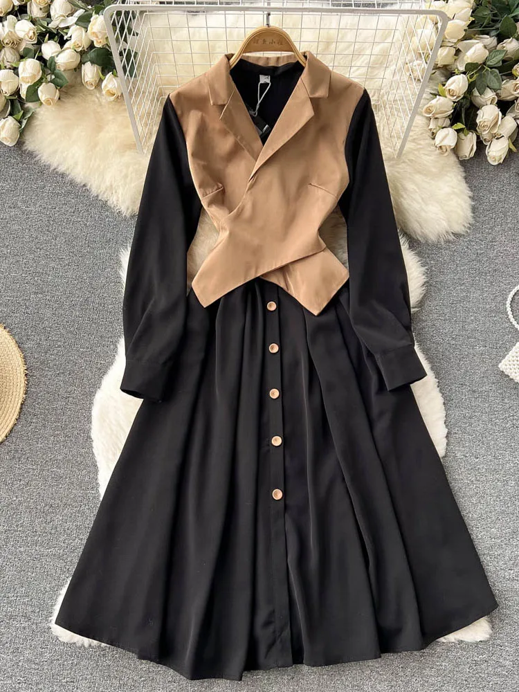 

Женское однобортное платье с длинным рукавом, приталенное контрастное платье из двух частей в стиле ретро, модель D0774 на весну 2022