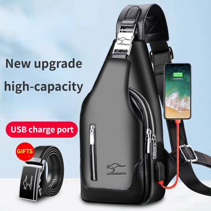 NEW  Men's Chest Bag Business Shoulder Bag PU Leather Handbag with USB Charging High-quality Retro Leisure Travel Shoulder Bag