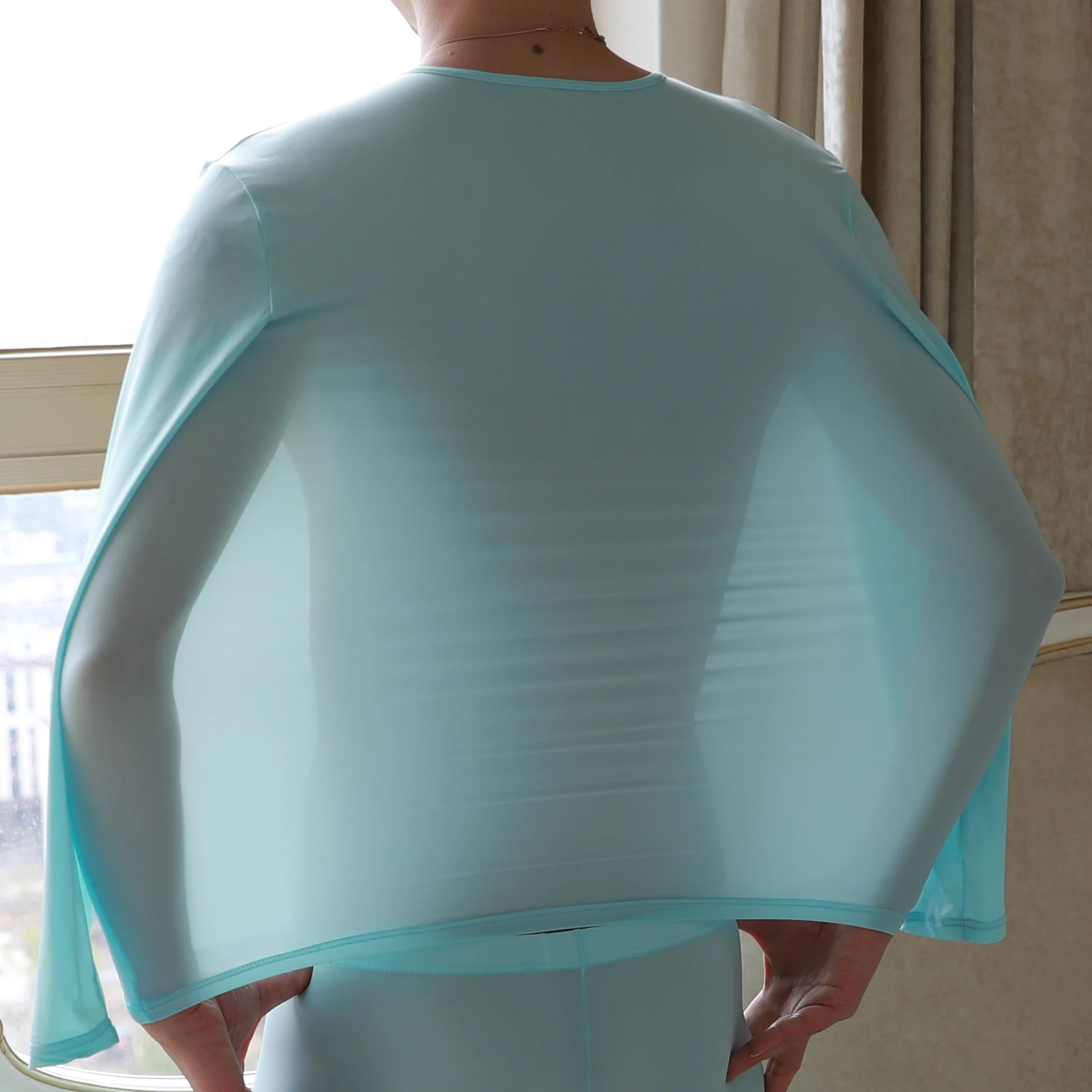 CLEVER-MENMODE Men's Undershirt Men Ice Silk Underwear Sheer T Shirts Male Long Sleeves  Ice Transparent Silk T