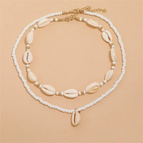 Ожерелье-чокер женское из натуральной морской ракушки, комплект из 2 вещей в богемном стиле, цепочка с бусинами, регулируемое ювелирное изделие, аксессуары