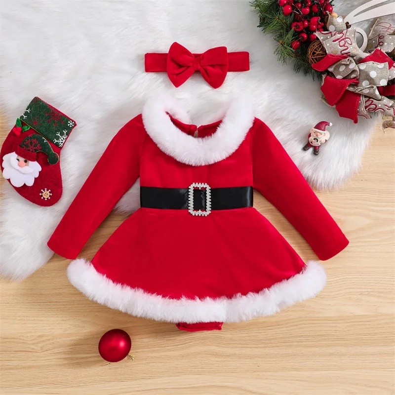 Suefunskry Baby Girls Christmas Outfits Long Sleeve Fur Trim Velvet Romper Dress + Headband Set Newborn XMAS Clothes 3-24Months