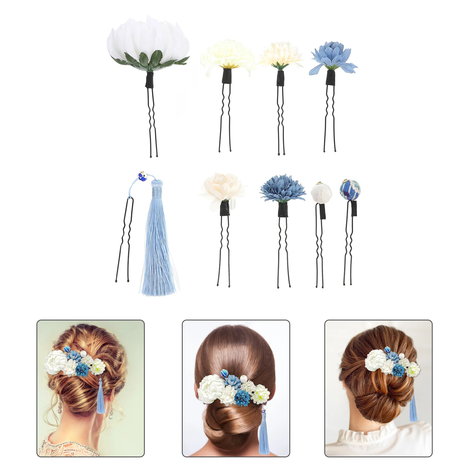 

9pcs Flower Hair Pin Decorative Tassels Hair Japanese Kimono Headdress