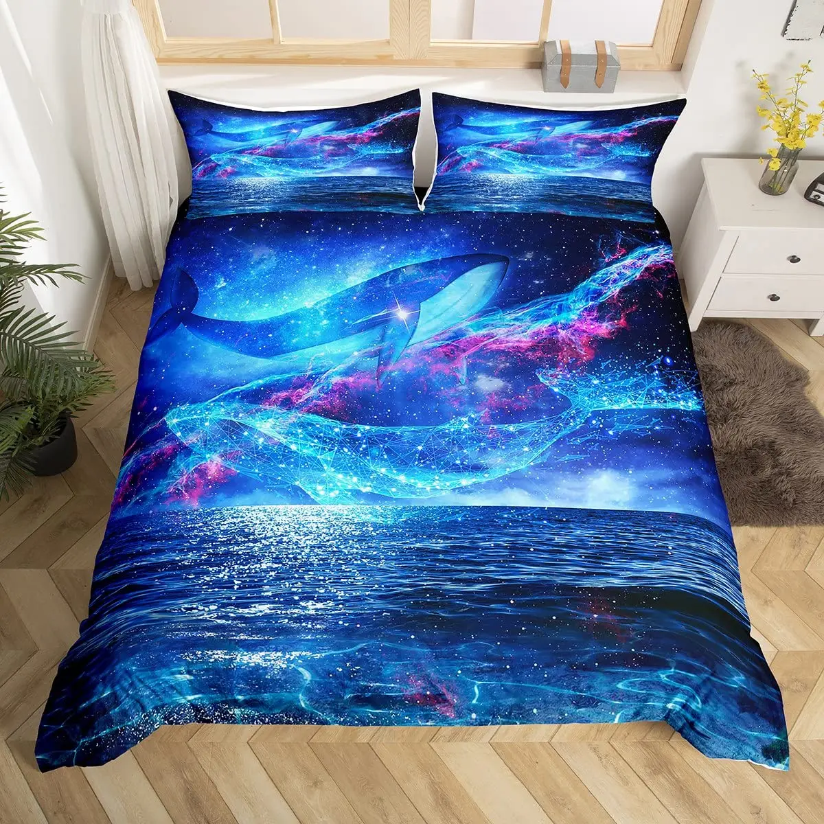 

Whale Duvet Cover Set Queen Size Starry Stars Universe Nebula Comforter Cover Blue Galaxy Ocean Theme Sea Creatures Bedding Set